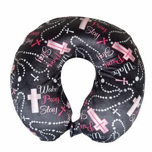 Wake Pray Stay Neck Pillow Memory Foam Snap Closure Black Pink Cross Rosary